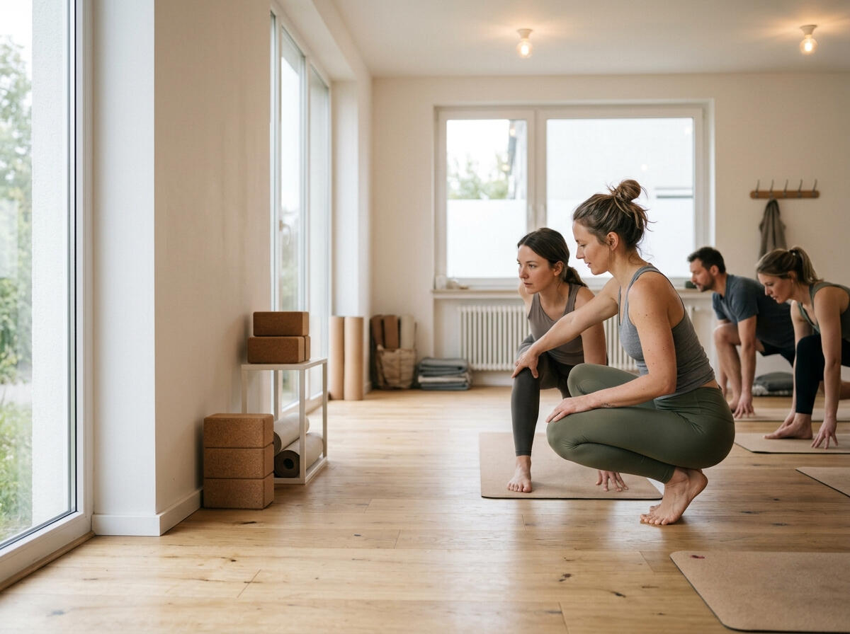 Yogalehrerin unterrichtet eine Stunde im Studio