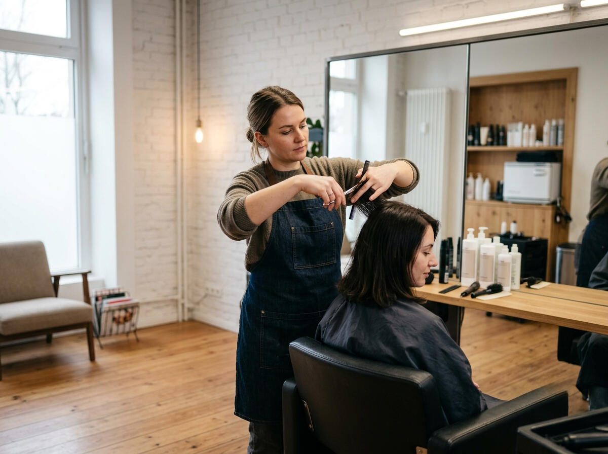 Friseurin bei der Arbeit am Haar einer Kundin
