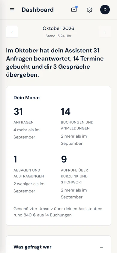 Kundenterminal am Handy: das Dashboard des Monats mit Anfragen, Buchungen, Absagen und dem geschätzten Umsatz